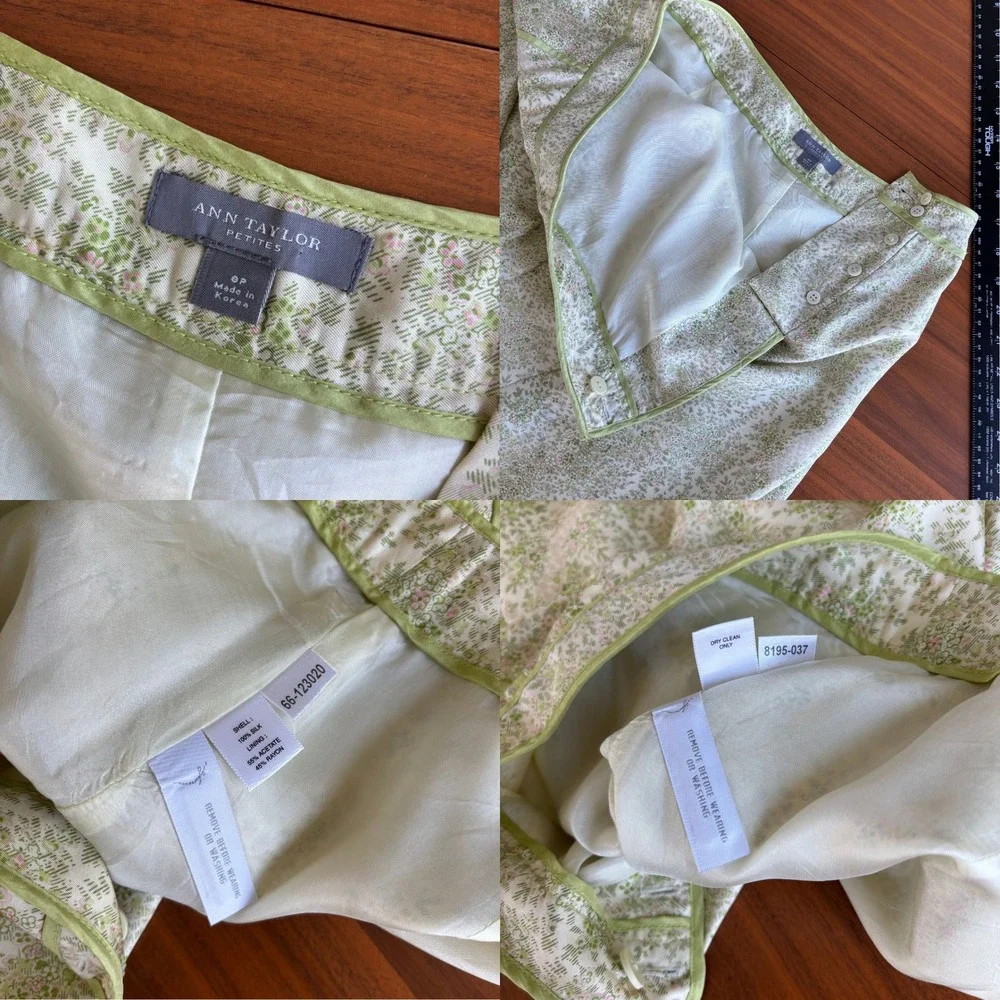 90s Vintage Ann Taylor Silk Skirt 8P Green Floral A Line Cottage Fairy Coquette